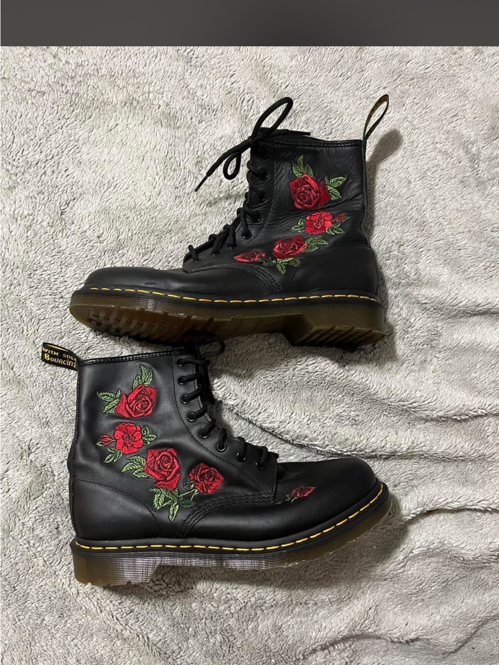 Dr. Martens Black Leather Lace-Up Boots with Red Rose Embroidery